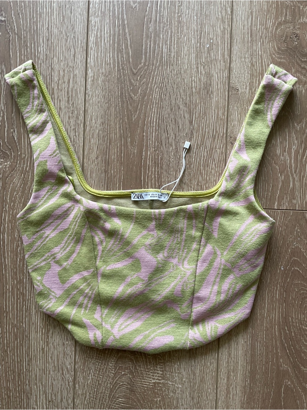 Zara Green & Pink Patterned Square-Neck Crop Top